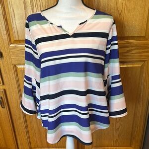 Van Heusen Blue and Pink V-Neck 3/4 Sleeve Blouse